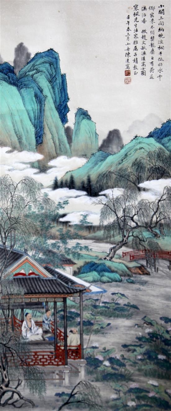 A Chinese painting on paper of sages in a pavilion, image 102cm x 41cm